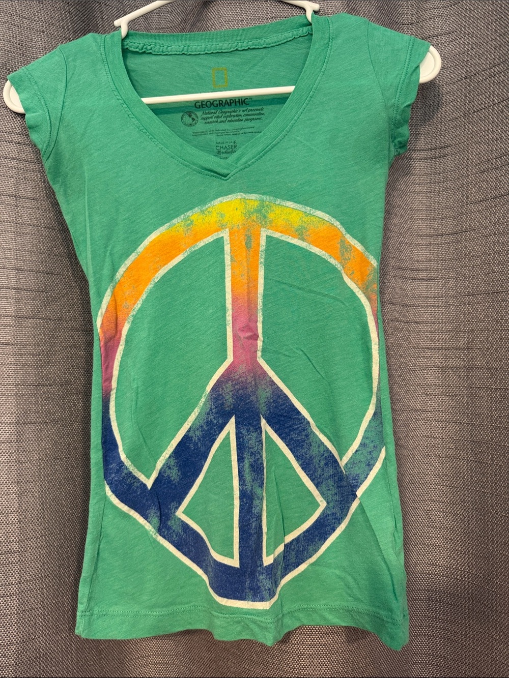 National Geographic Green V-Neck Tee with Rainbow Peace Sign
